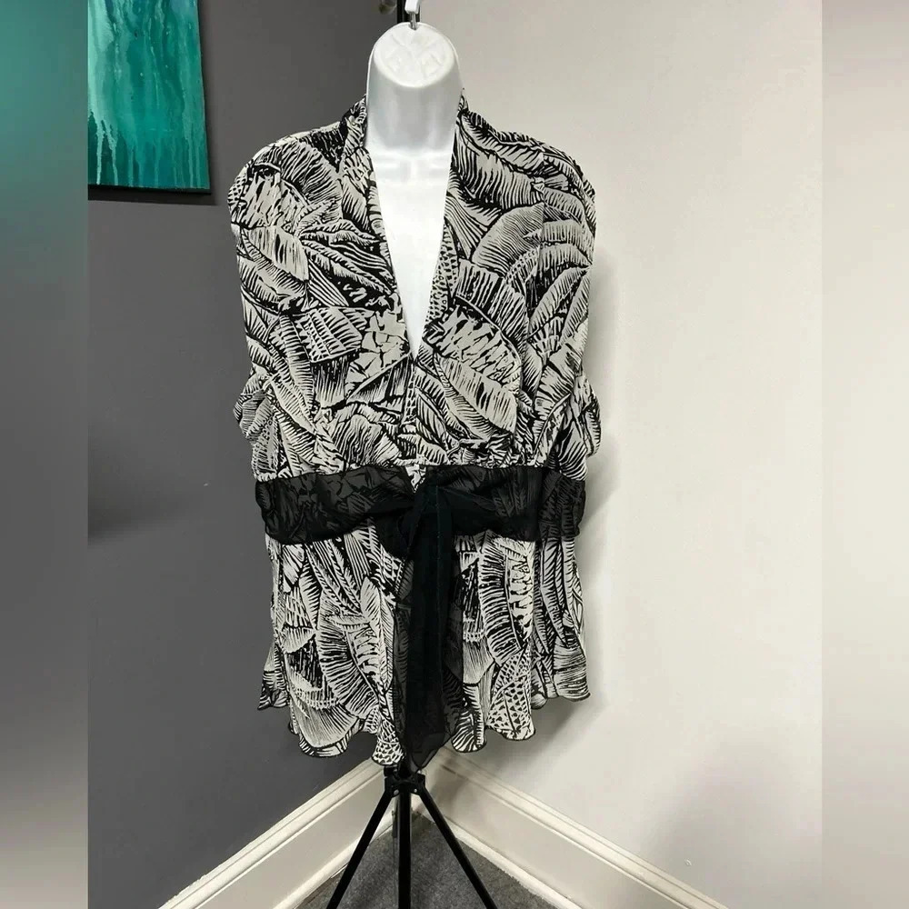 Women’s 3X Sleeveless Blouse Tie Waist Sheer‎ Overlay Plunging V Neck Flirty